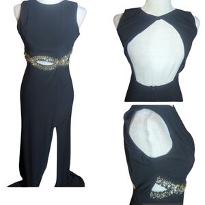 B Darlin Black Long Gown Cut Out Rhinestone Waist Open Sexy Back Sz 7/8